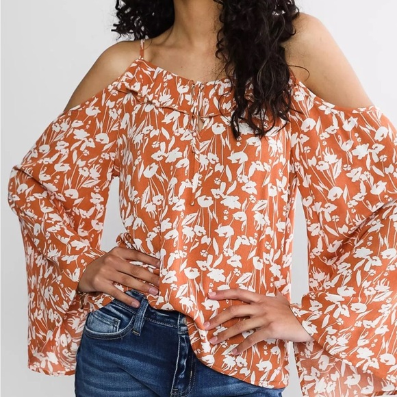 Willow Floral Cold-Shoulder Blouse - Orange and White Size S - Picture 1 of 8